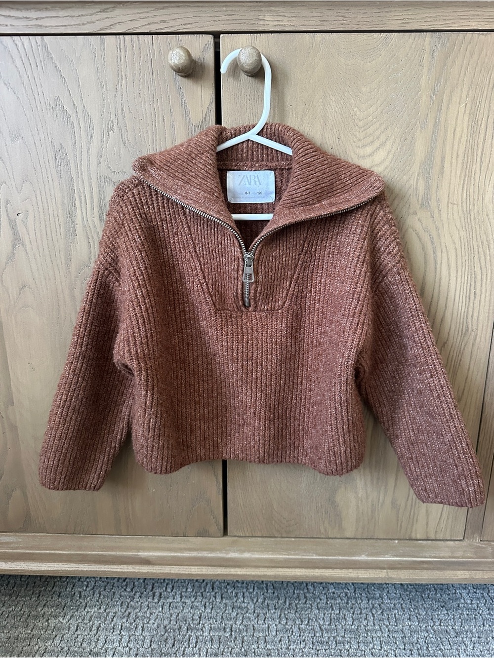 Zara Rust Zip-Front Ribbed Sweater
